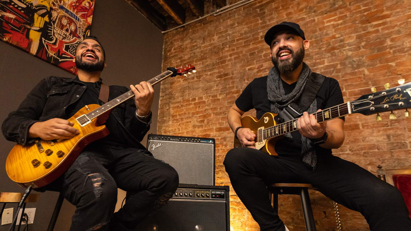 Two guitarists using the G2 Four and the G2X Four Multi-Effects Processors